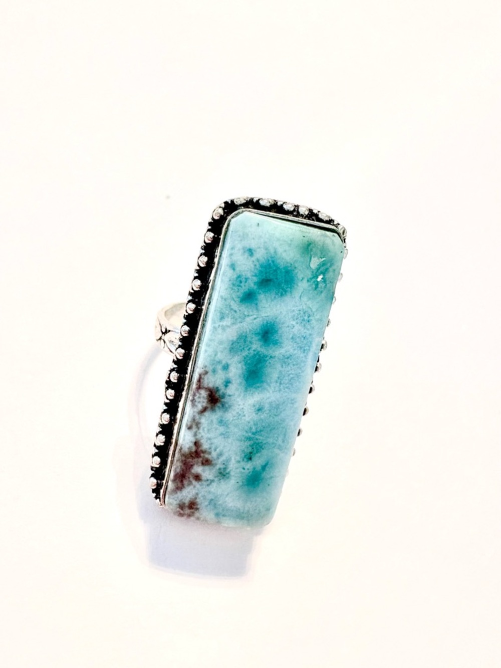 Beautiful, 925 marked, long, 1 1/2 inch Larimar ring size 8.